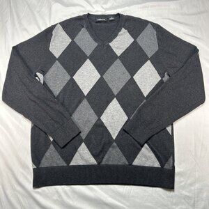 Claiborne Sweater Mens Medium Gray Argyle Pullover V Neck Long Sleeve Cotton
